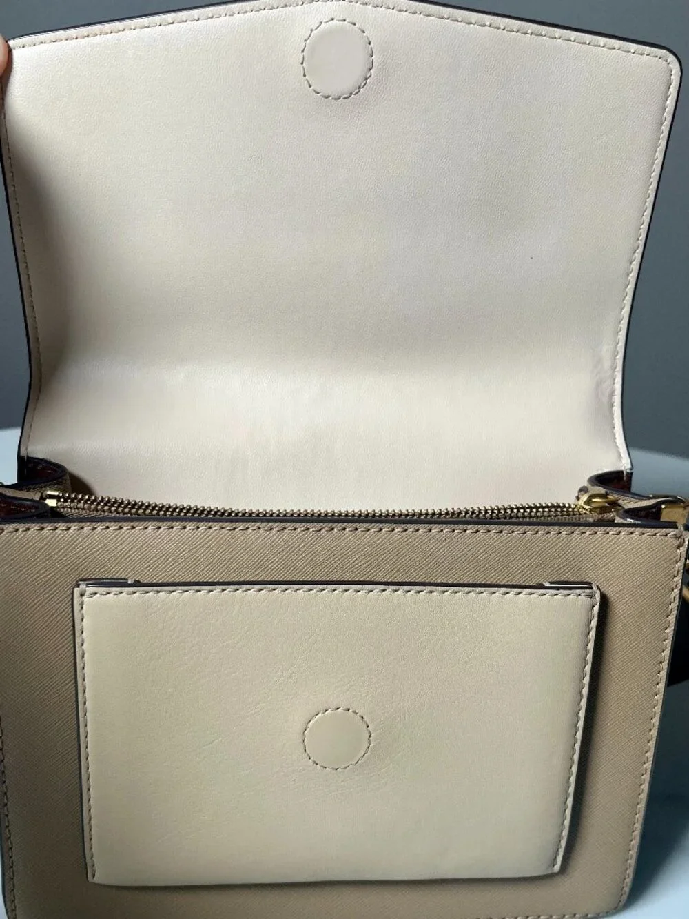 Tory Burch Robinson Color Block Saffiano Leather Flap Shoulder Bag Ivory/Taupe